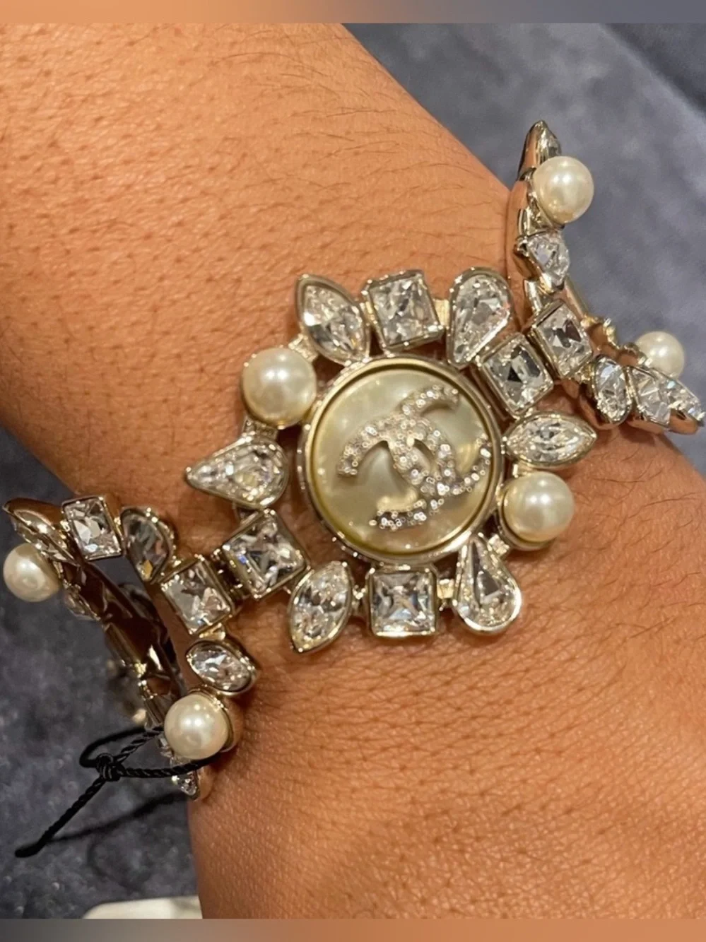 CHANEL Gold Pearl & Crystal CC Medallion Cuff Bracelet